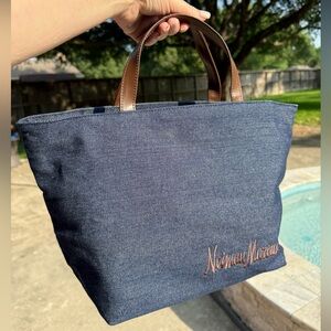 Neiman Marcus Blue Denim Tote with Brown Handles and Embroidered Brand NWOT